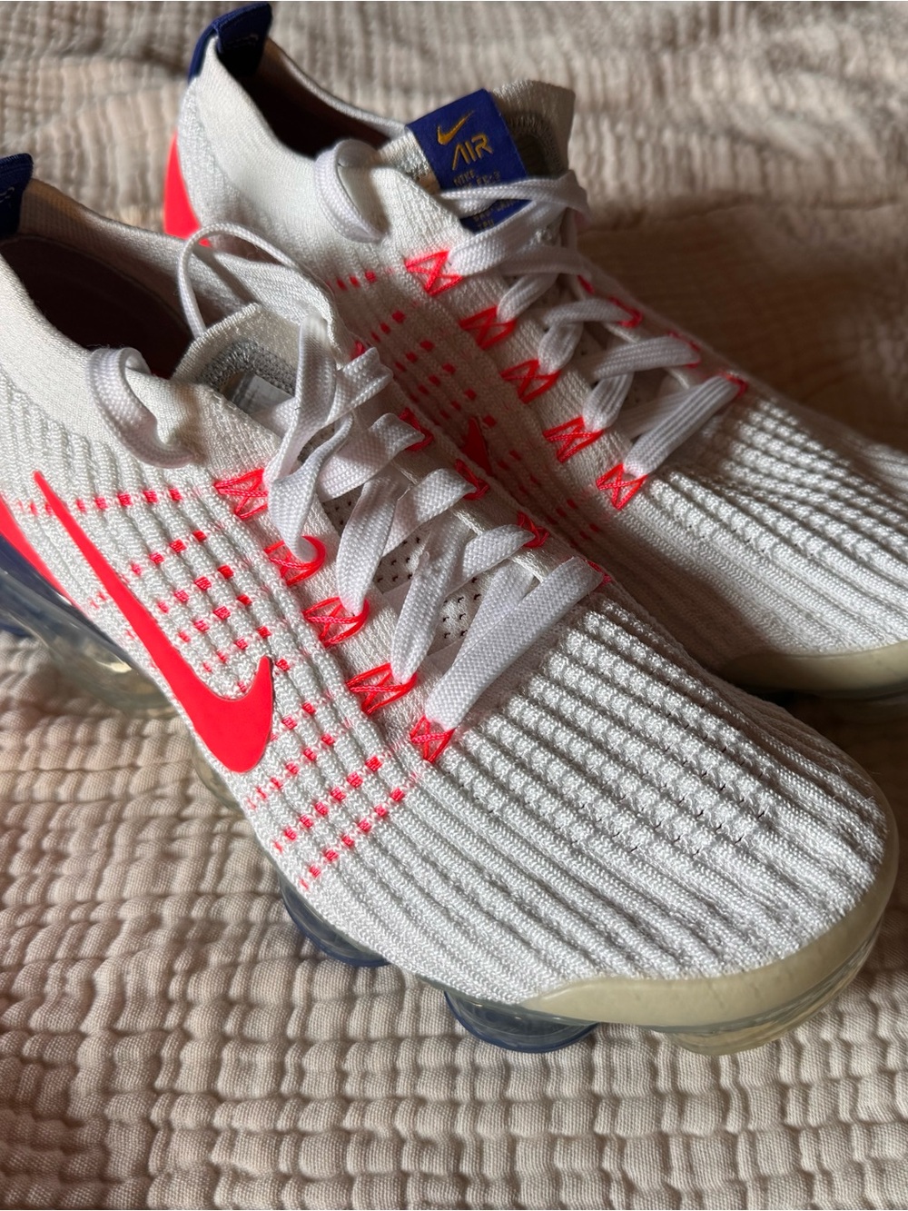 Nike Women’s Flyknit VaporMax Sneakers — White with Bright Red and Navy Accents